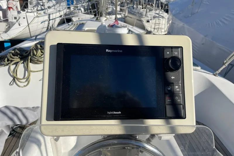Slide: The Image of Raymarine navigation system on a 2000 Beneteau Oceanis 361 sailboat deck. - 13