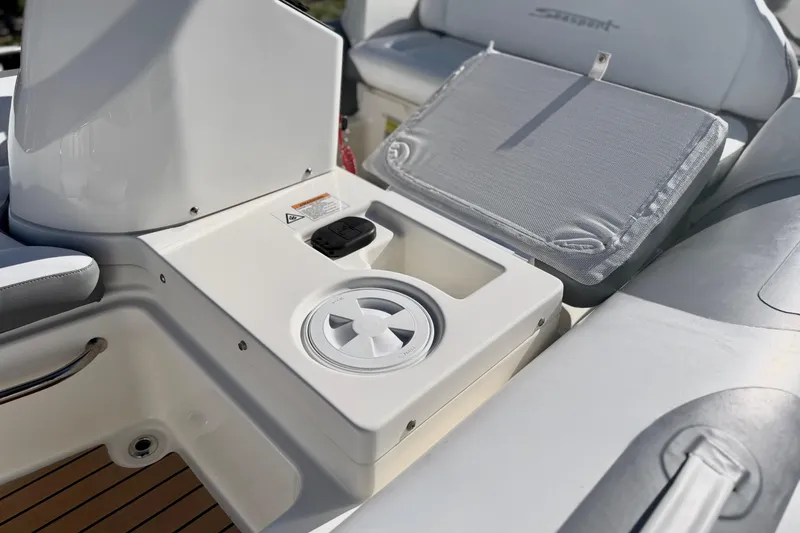 Slide: The Image of 2017 Avon Seasport 420 boat interior with seating and speaker detail. - 15