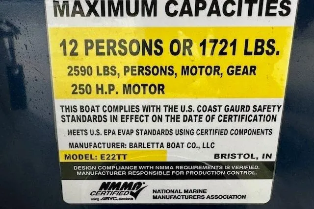 Slide: The Image of Barletta E22QC 2019 boat capacity label: 12 persons, 1721 lbs, 250 HP motor. - 11
