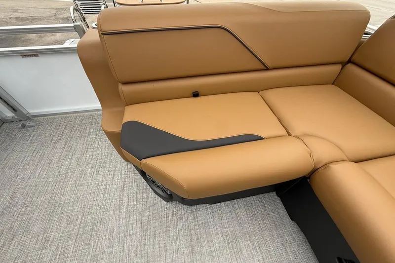 Slide: The Image of 2026 Avalon VENTURE 85 CRUISE boat interior with tan leather seating and modern design. - 20
