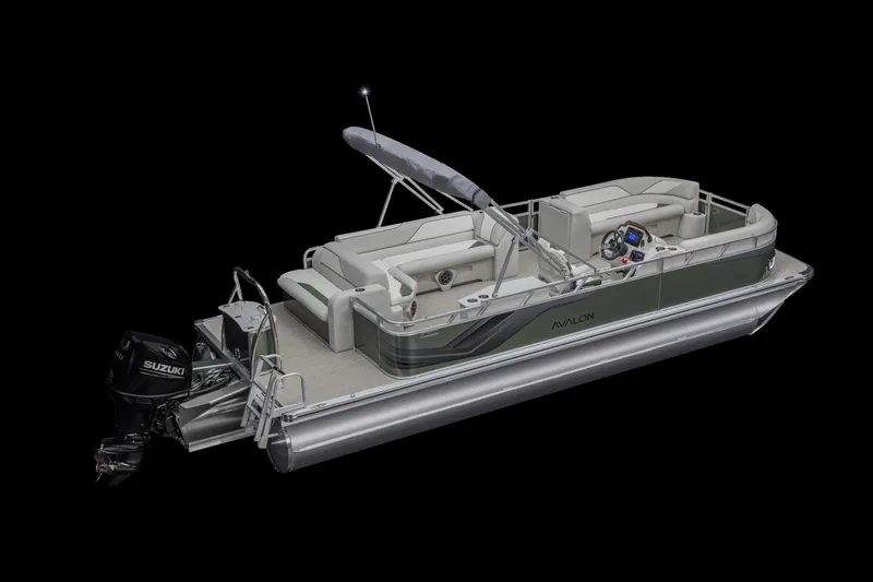 Slide: The Image of 2026 Avalon VENTURE 85 CRUISE boat with Yamaha outboard motor, parked outdoors. - 7