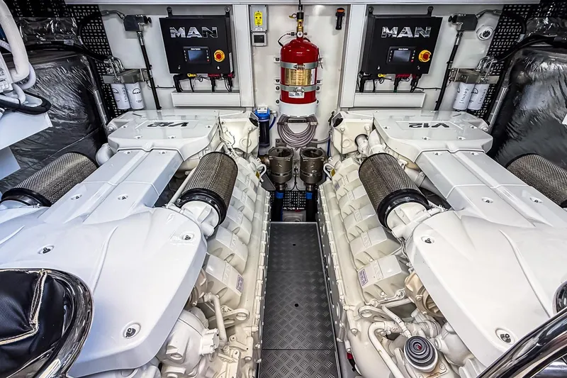 Slide: The Image of Engine room of 2026 Princess S65 Sportbridge yacht with dual MAN engines. - 112