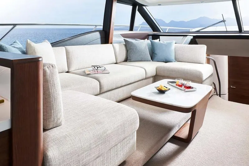 Slide: The Image of Luxurious 2026 Princess S65 Sportbridge yacht interior with city skyline view. - 21