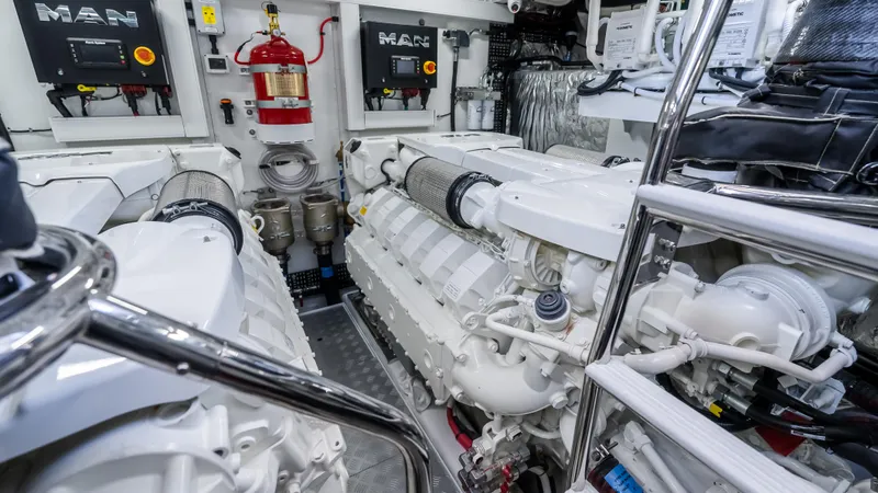 Slide: The Image of Luxurious interior of 2026 Princess S65 Sportbridge yacht with elegant wood cabinetry. - 46