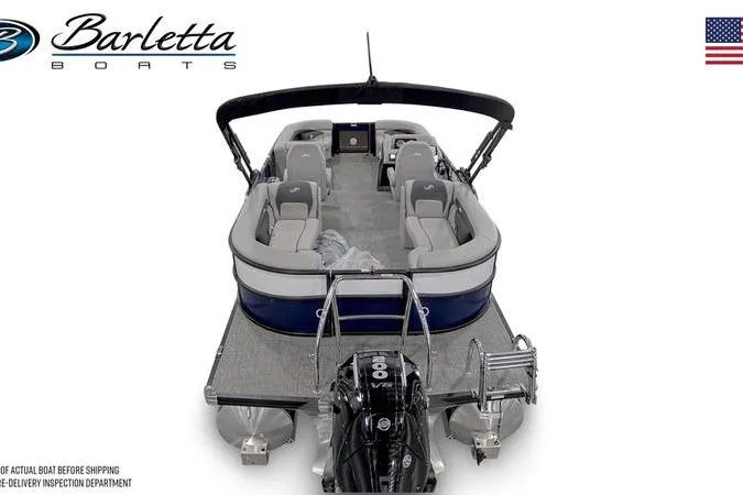 Slide: The Image of 2025 Barletta ARIA 22QC pontoon boat, spacious seating, modern design, outboard motor, American flag. - 3