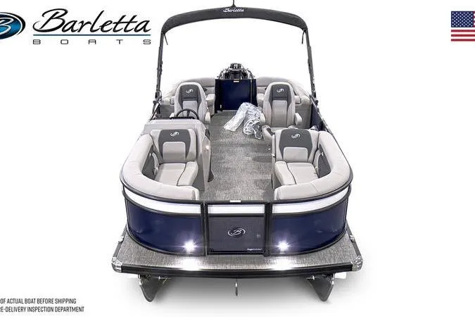 Slide: The Image of 2025 Barletta ARIA 22QC pontoon boats in showroom, featuring sleek design and spacious interiors. - 7