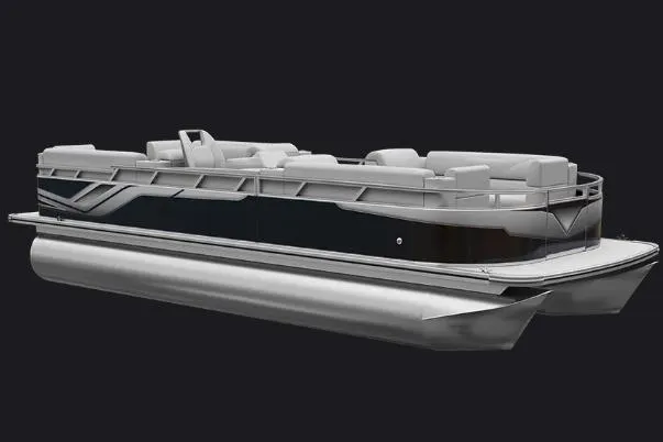 Slide: The Image of 2026 Avalon VLS Quad Lounge pontoon boat on trailer, parked outdoors. - 1