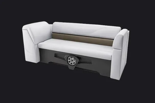 Slide: The Image of 2026 Avalon VLS Quad Lounge pontoon boat on trailer at dealership. - 2