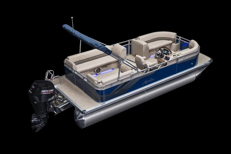 Slide: The Image of 2026 Avalon VLS Quad Lounge pontoon boat with Yamaha 115 engine, parked outdoors. - 6