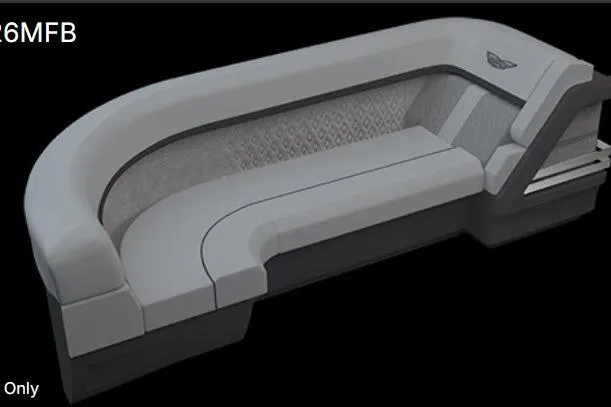 Slide: The Image of 2026 Bennington 26 MFB boat seating, modern design, gray upholstery, luxury marine furniture. - 2