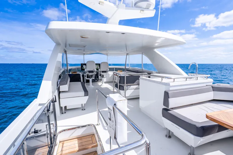 Slide: The Image of Luxurious 2021 Ocean Alexander 70E Motoryacht deck with seating, ocean view, and clear skies. - 16