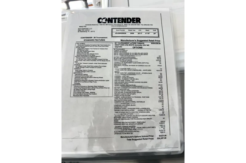 Slide: The Image of 2026 Contender boat specification sheet with features, options, and pricing details. - 17