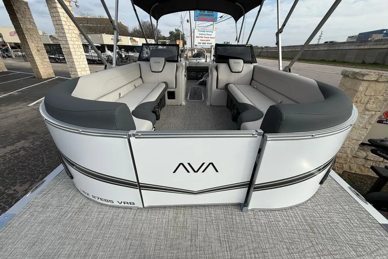 Slide: The Image of 2026 Avalon LSZ Versatile Rear Bench Windshield boat with spacious seating and modern design. - 11