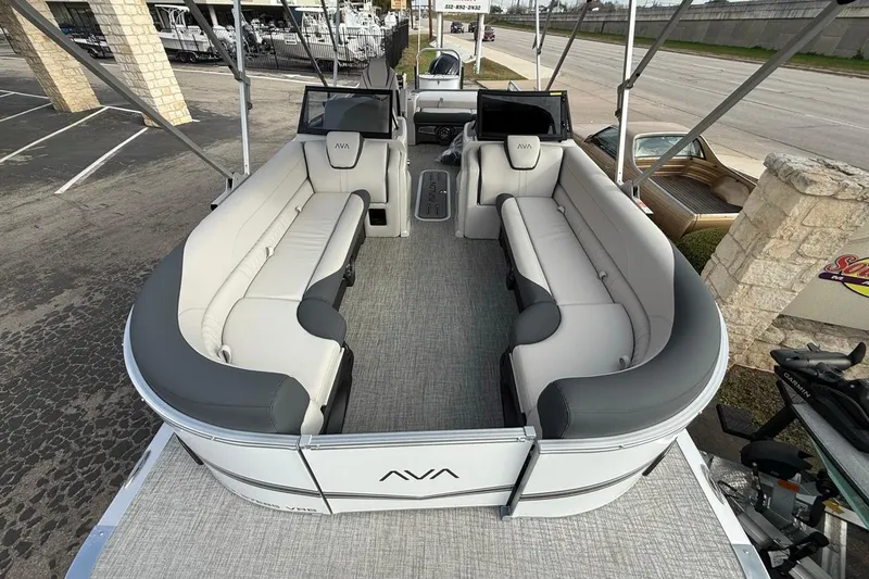 Slide: The Image of 2026 Avalon LSZ Versatile Rear Bench Windshield boat with spacious seating and modern design. - 12