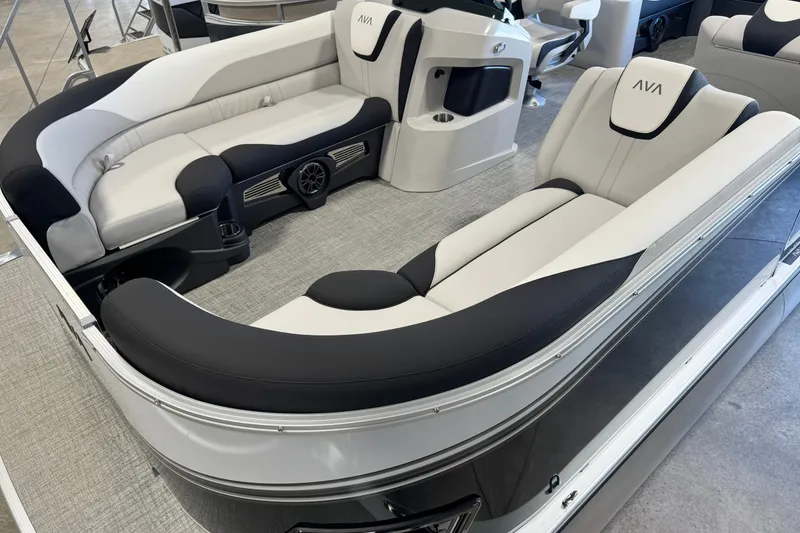 Slide: The Image of 2026 Avalon LSZ 23 Elite pontoon boat interior with luxurious seating and modern design. - 5
