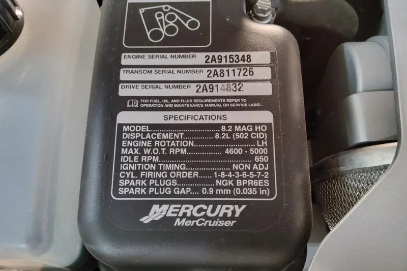 Slide: The Image of Mercury MerCruiser engine specifications label on Formula 270 Bowrider, 2026 model. - 12