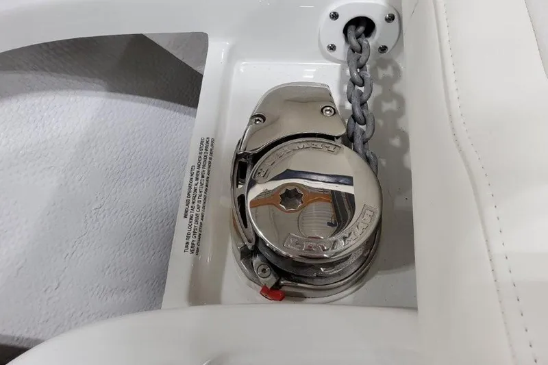 Slide: The Image of Anchor windlass on 2026 Formula 270 Bowrider boat, featuring a stainless steel finish. - 45