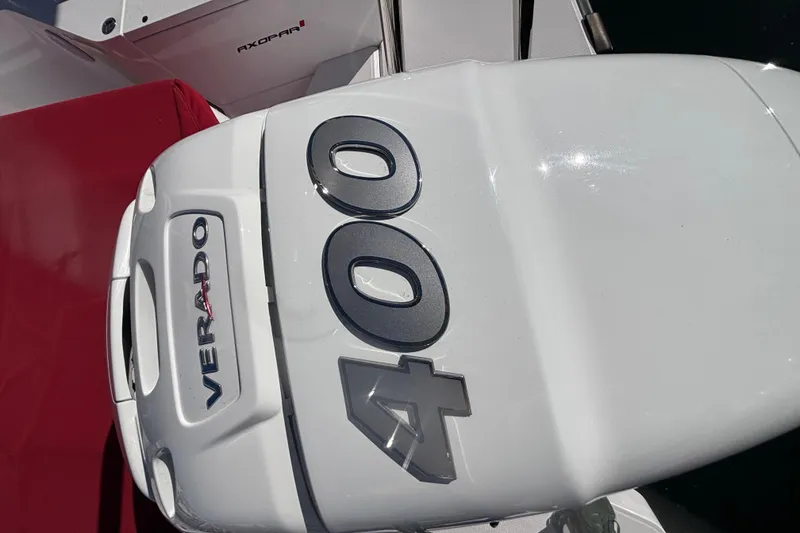 Slide: The Image of Outboard motor on 2022 Axopar 28 AFT CABIN, featuring Verado 400 horsepower engine. - 12