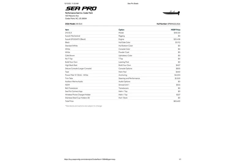 Slide: The Image of 2026 Sea Pro 210 Bay boat specifications and pricing details. - 22