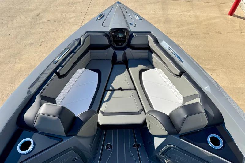 Slide: The Image of 2026 Sunsation 32 CCX boat interior with sleek gray and white seating design. - 25