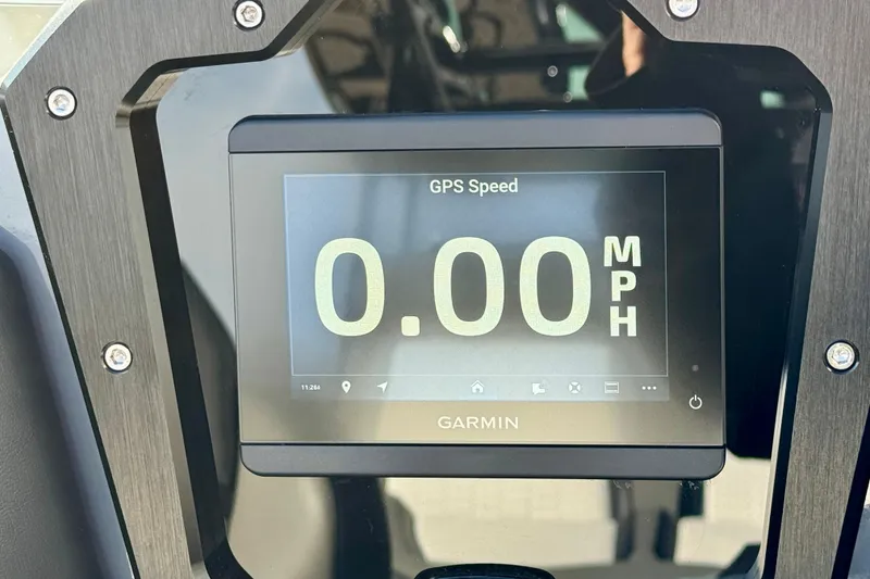 Slide: The Image of Garmin GPS display showing 0.00 MPH on 2026 Sunsation 32 CCX boat. - 26