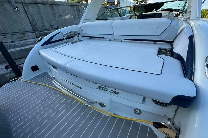 Slide: The Image of 2022 Formula 350 Crossover Bowrider OB, spacious seating, sleek design, luxury boat interior. - 25