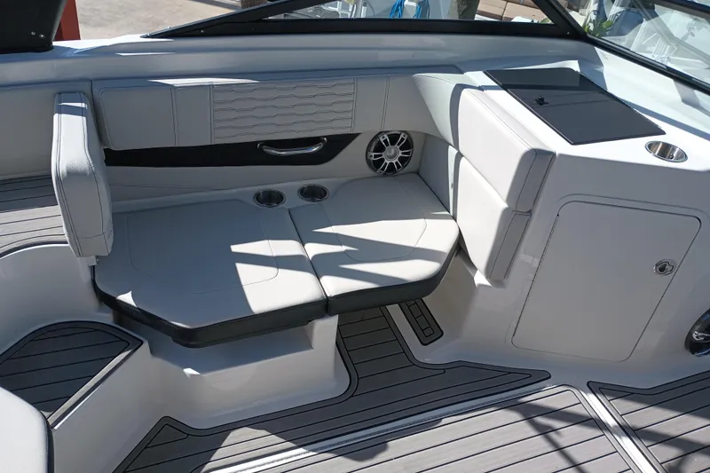 Slide: The Image of 2023 Sea Ray SPX 190 Outboard interior with sleek seating and modern design. - 15