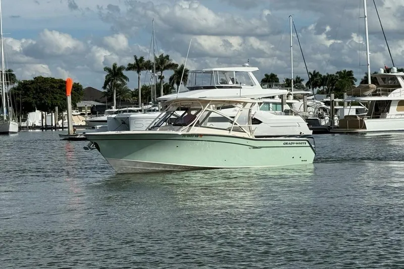 Slide: The Image of 2016 Grady-White Freedom 307 boat docked in a marina with palm trees. - 4