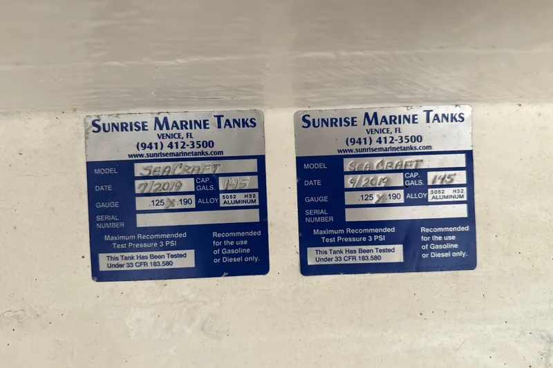 Slide: The Image of Labels for SeaCraft fuel tanks, 145-gallon capacity, by Sunrise Marine Tanks, Venice, FL. - 40