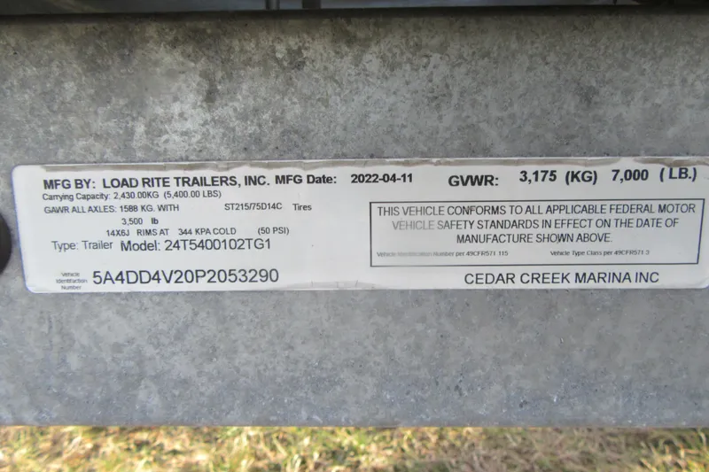 Slide: The Image of Label on Load Rite trailer, model 24T5400102TG1, manufactured in 2022, showing specifications. - 4