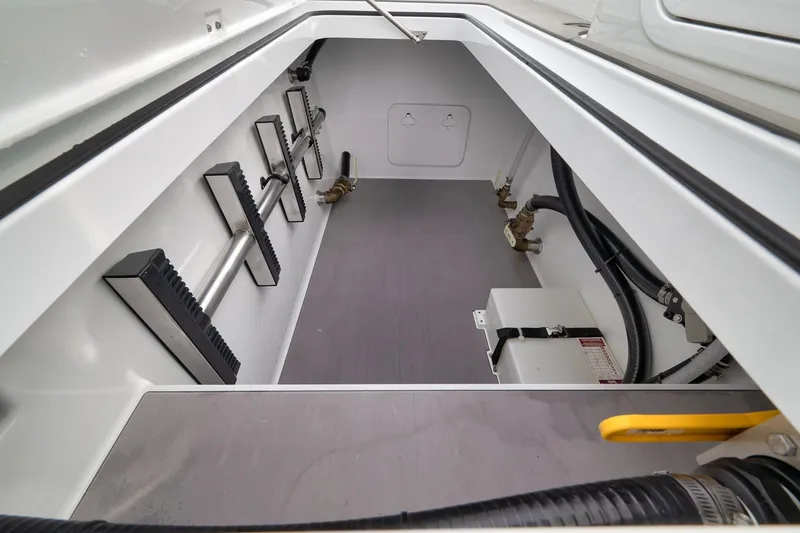 Slide: The Image of Interior view of 2022 Freeman 42LR boat compartment with equipment and fittings. - 65