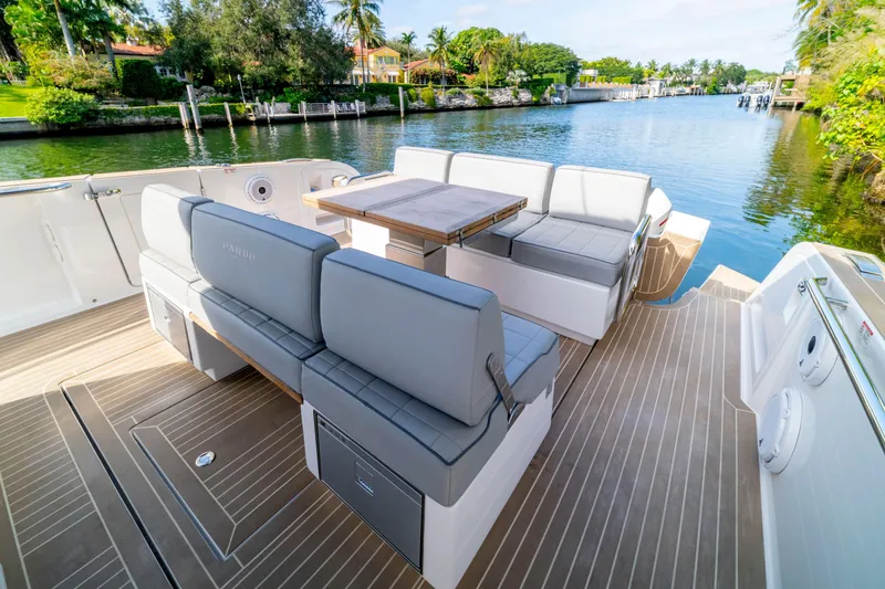 Slide: The Image of 2024 Pardo Yachts 38 interior with open storage compartments and sleek design. - 18