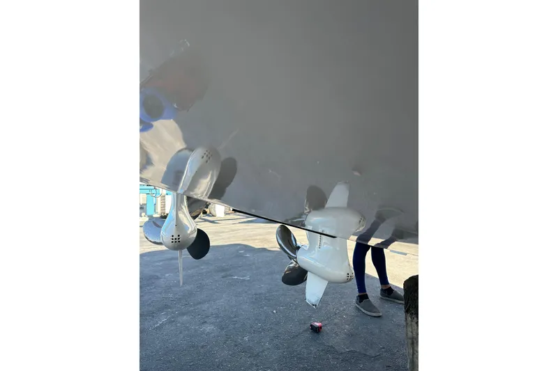 Slide: The Image of 2024 Pardo Yachts 38 propellers and hull detail, dockside view. - 30