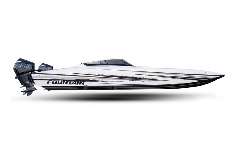 Slide: The Image of Manufacturer Provided Image: 2026 Fountain 34 Thundercat speedboat with sleek design and dual outboard engines. - 14