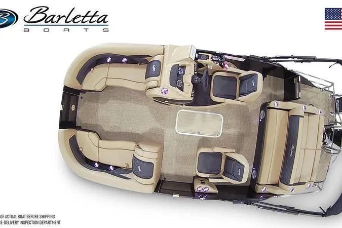Slide: The Image of 2026 Barletta C22UC pontoon boat, top view, showcasing spacious seating and modern design. - 1