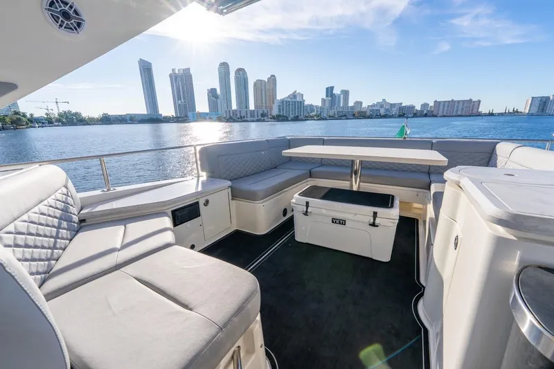 Slide: The Image of Luxurious 2017 Sea Ray L650 Fly yacht interior with city skyline view. - 2