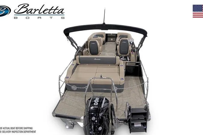 Slide: The Image of 2026 Barletta C22UC pontoon boat with luxurious interior and outboard motor. - 2