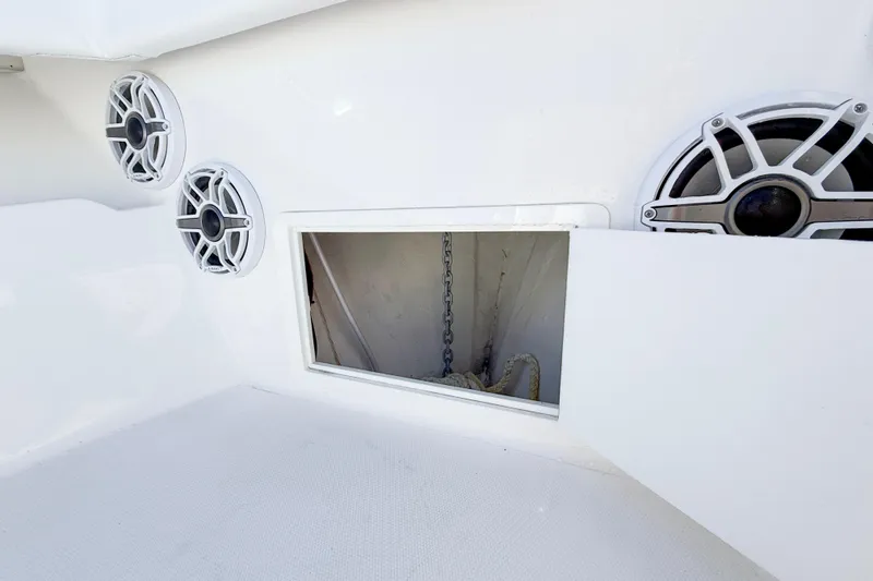 Slide: The Image of 2026 Blackwater 41 Sportfish boat interior with speakers and storage compartment. - 37