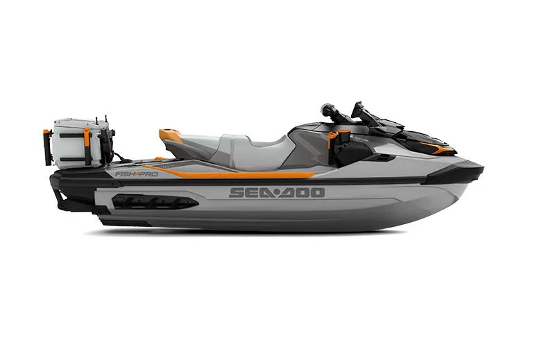 The Image of Manufacturer Provided Image: 2026 Sea-Doo Fishpro Trophy 170 jet ski, side view, gray and orange design. - 0