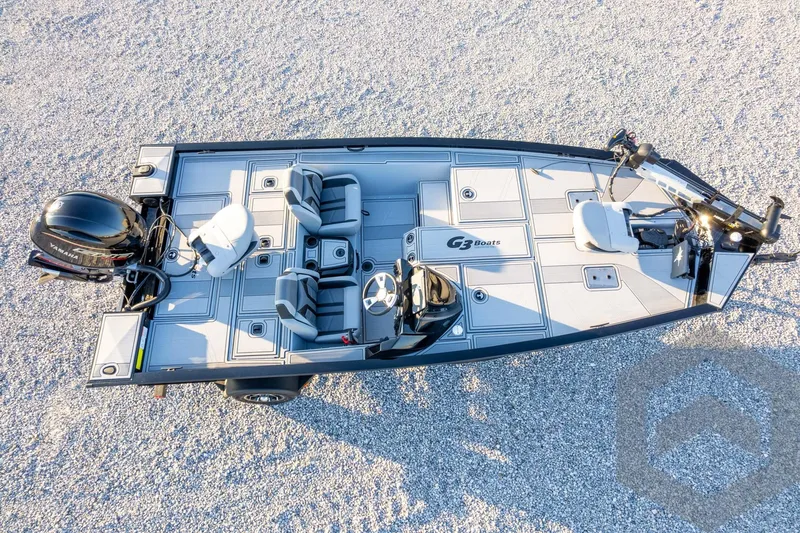 Slide: The Image of 2026 G3 Sportsman 1810 SE fishing boat, aerial view, sleek design, modern seating, Yamaha engine. - 48