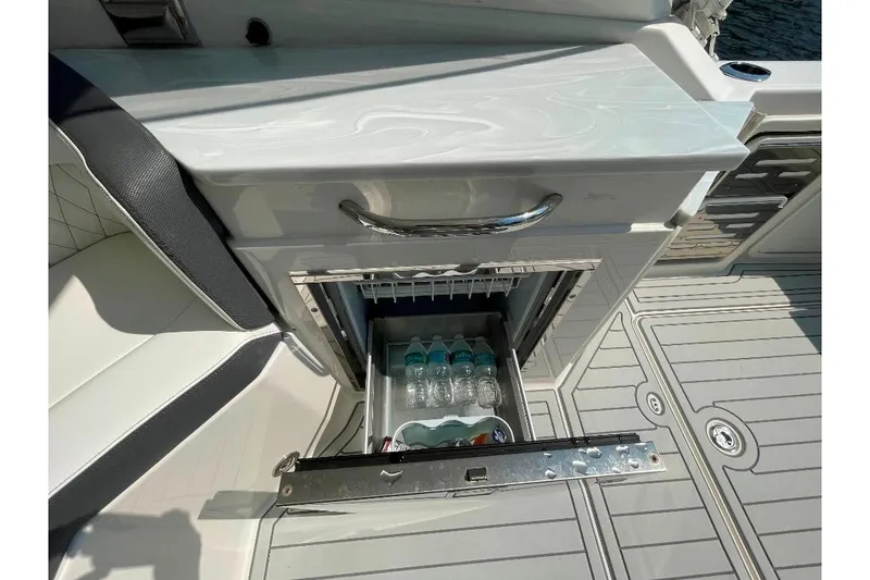 Slide: The Image of Luxury boat interior with open drawer fridge, World Cat 400 DC-X, 2021 model. - 47