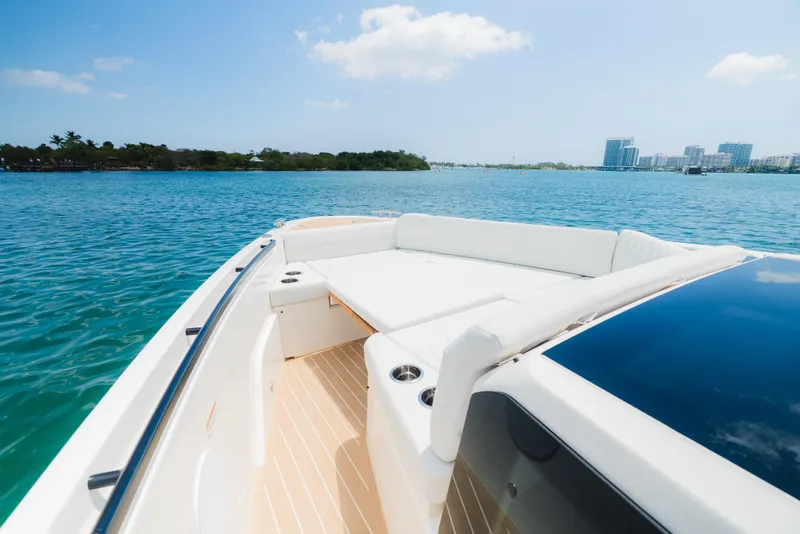 Slide: The Image of Luxurious interior of 2024 Saxdor 400 GTO yacht with elegant seating and wooden table. - 28