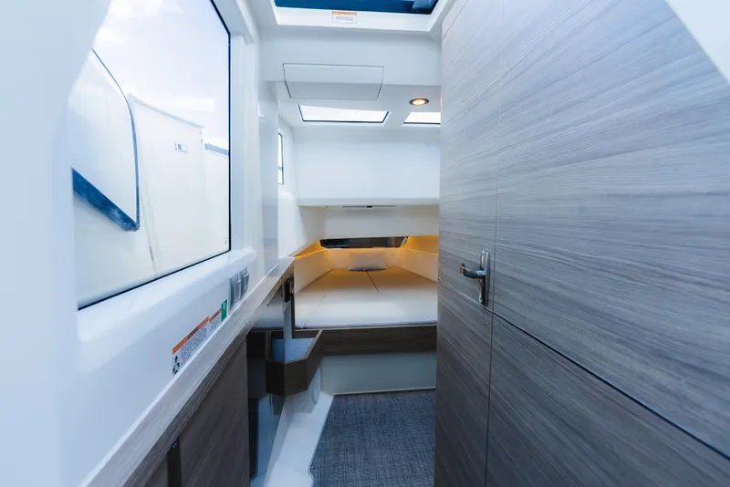 Slide: The Image of Interior cabin of 2024 Saxdor 400 GTO, featuring modern design and ambient lighting. - 35