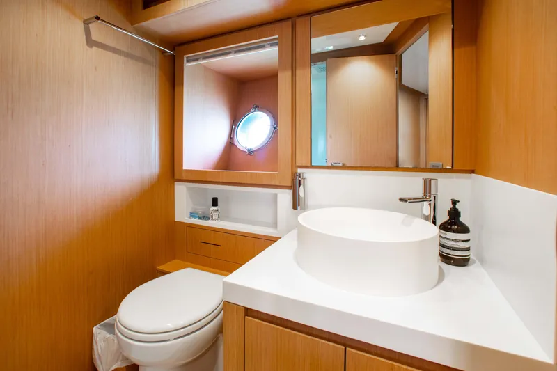 Slide: The Image of Luxurious bathroom interior of 2016 Riva 88' Florida yacht with modern fixtures. - 17
