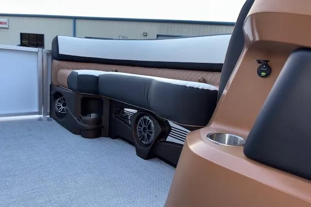 Slide: The Image of 2026 Tahoe Pontoon LTZ 2385 EL Tritoon interior with luxurious seating and modern design. - 34