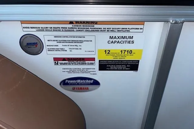 Slide: The Image of 2026 Tahoe Pontoon LTZ 2185 ELITE capacity and safety labels, including carbon monoxide warning. - 30