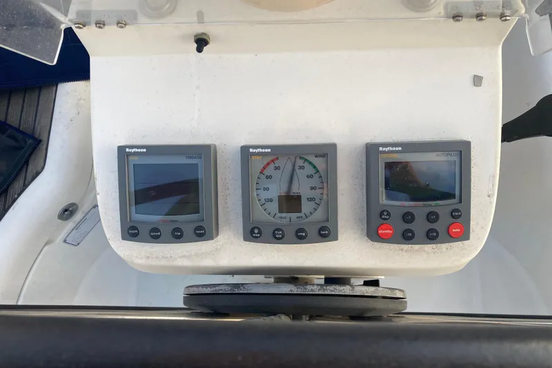 Slide: The Image of Beneteau Oceanis 361 yacht dashboard with Raytheon navigation instruments, 2000 model. - 10