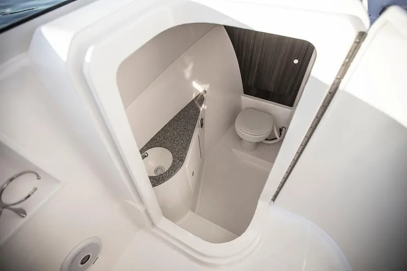 Slide: The Image of Manufacturer Provided Image: 2025 Albemarle 27 Dual Console boat interior with modern bathroom amenities. - 13