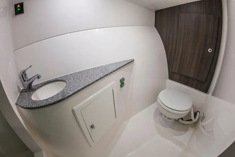 Slide: The Image of Manufacturer Provided Image: 2025 Albemarle 27 Dual Console boat bathroom with modern sink and toilet. - 14