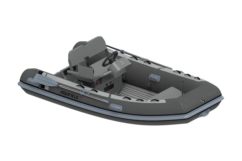 Slide: The Image of Manufacturer Provided Image: 2025 Highfield Classic 340 inflatable boat, gray with steering console and seating. - 12